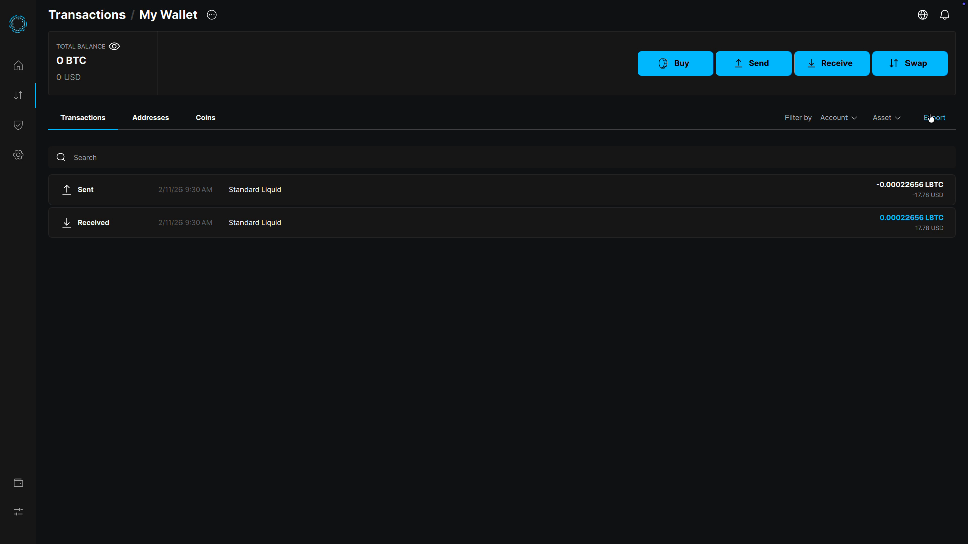 Transactions page with Export button highlighted in the Blockstream desktop app
