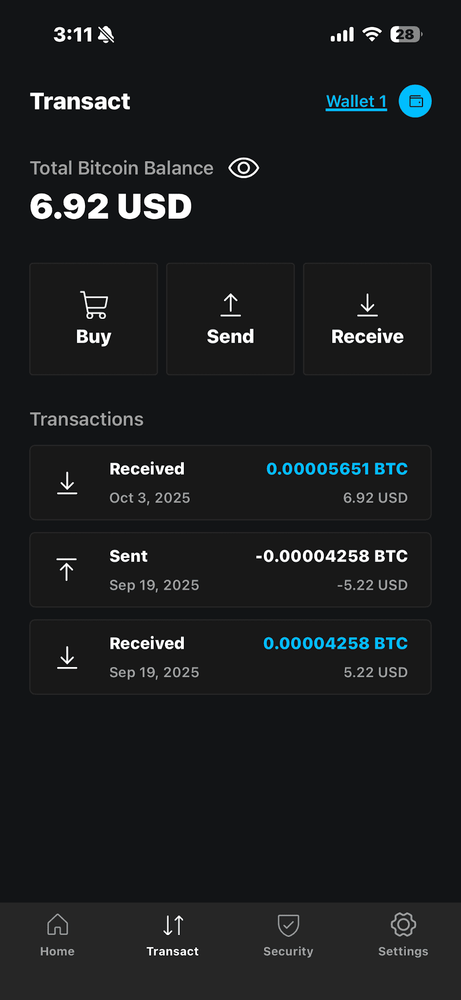 Blockstream app Transact tab with Buy, Send, and Receive buttons