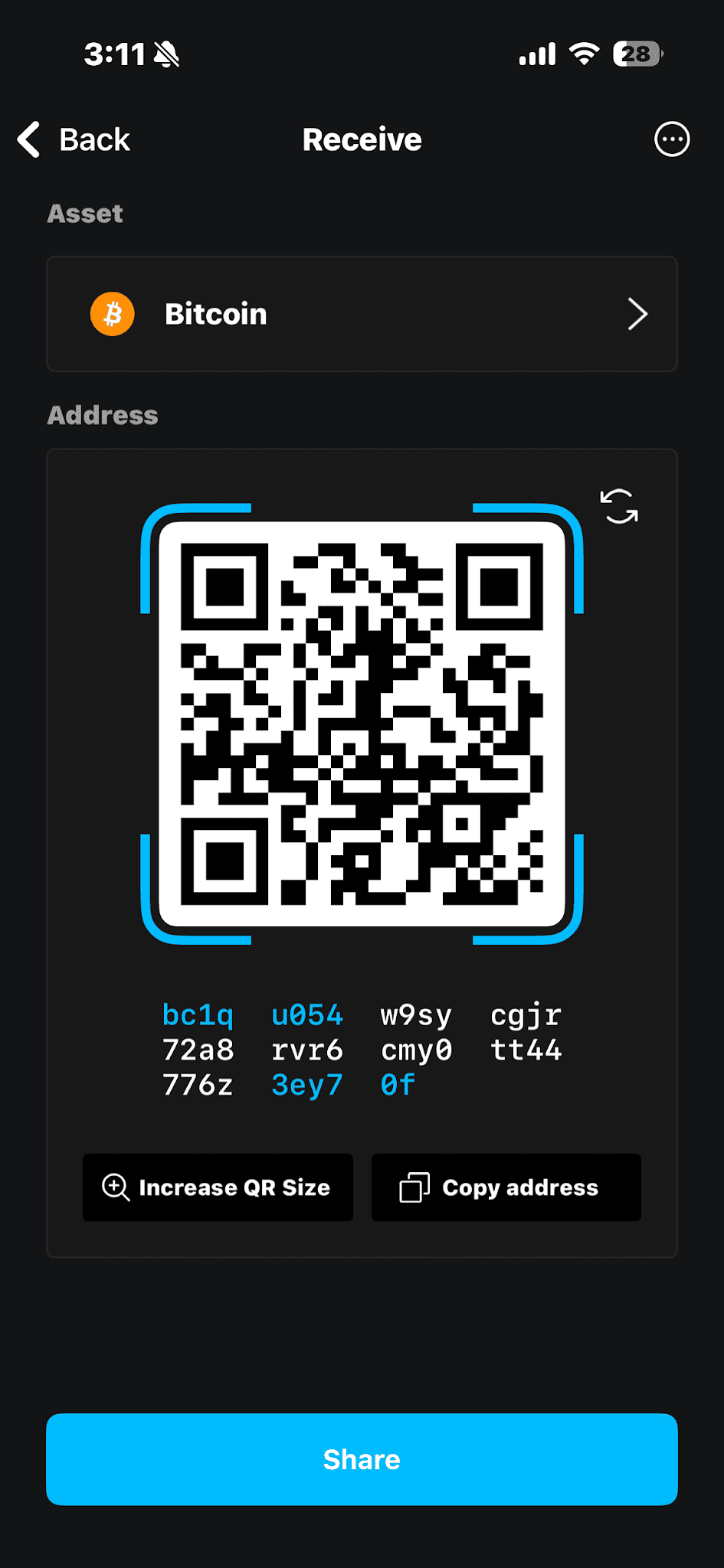 Blockstream app Receive screen with the Bitcoin asset and QR code