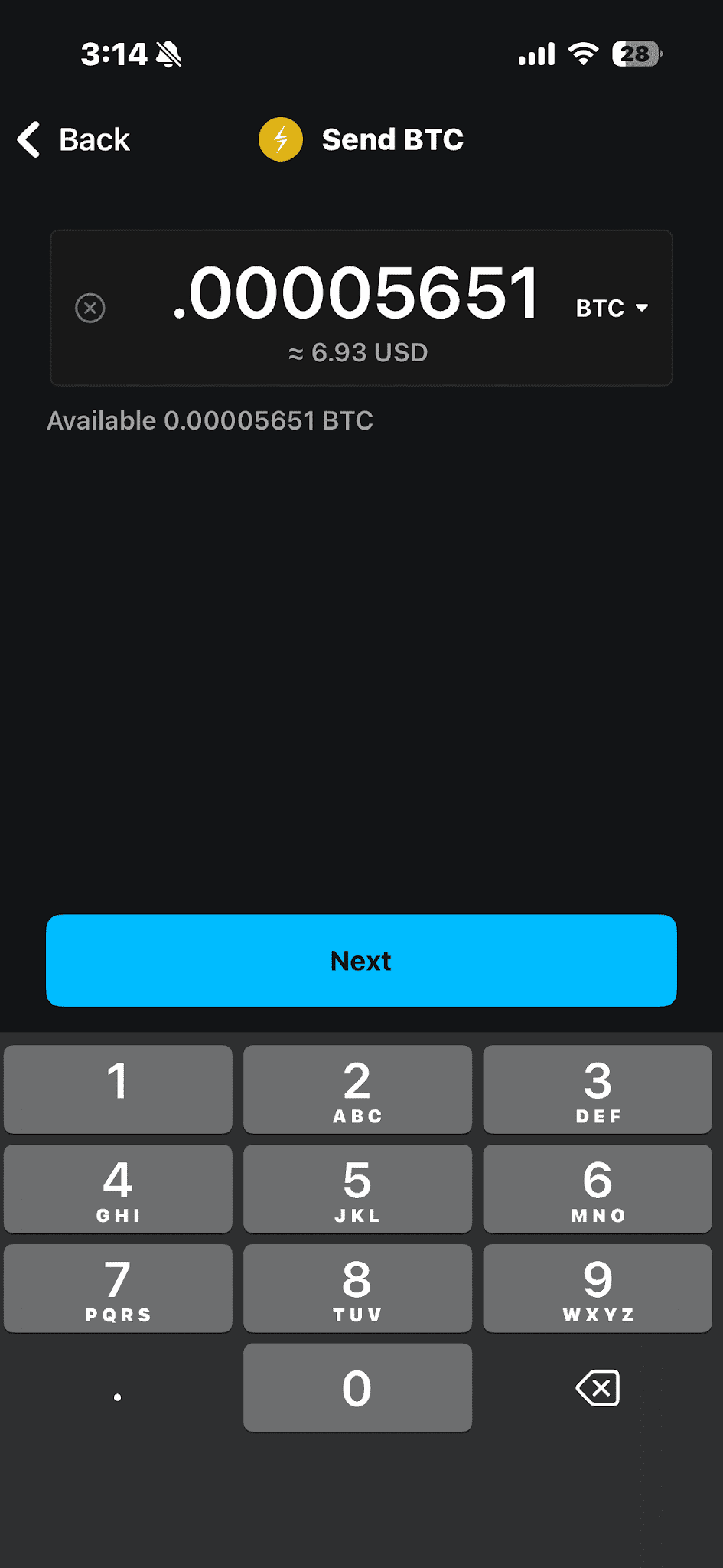 Blockstream app Send amount entry screen