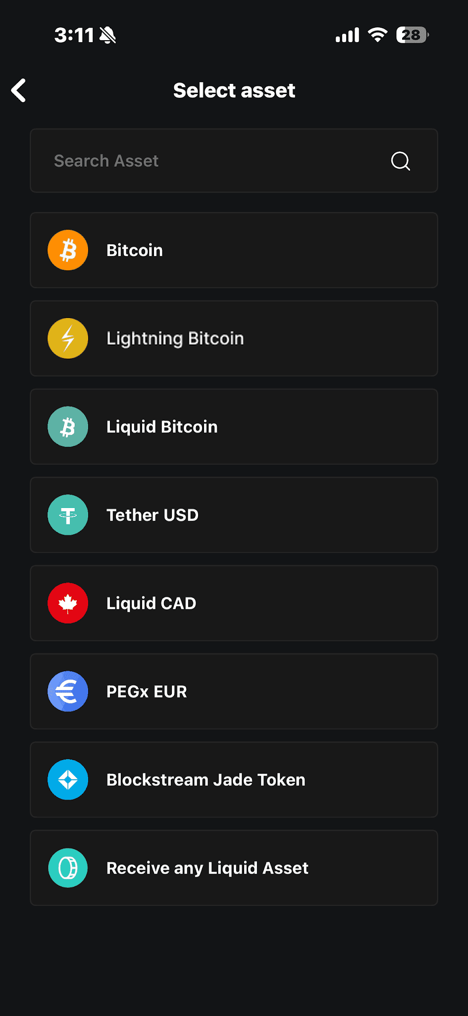 Blockstream app Select asset screen showing Lightning Bitcoin