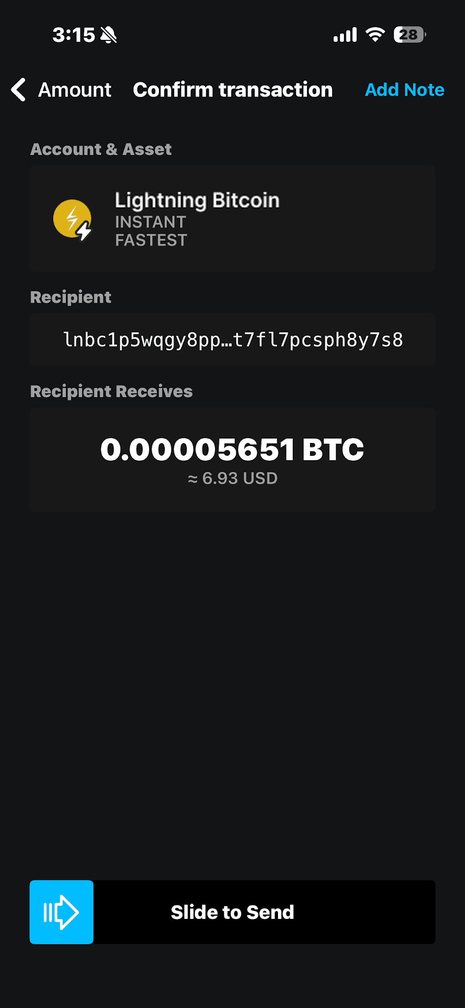 Blockstream app Confirm transaction screen with Slide to Send