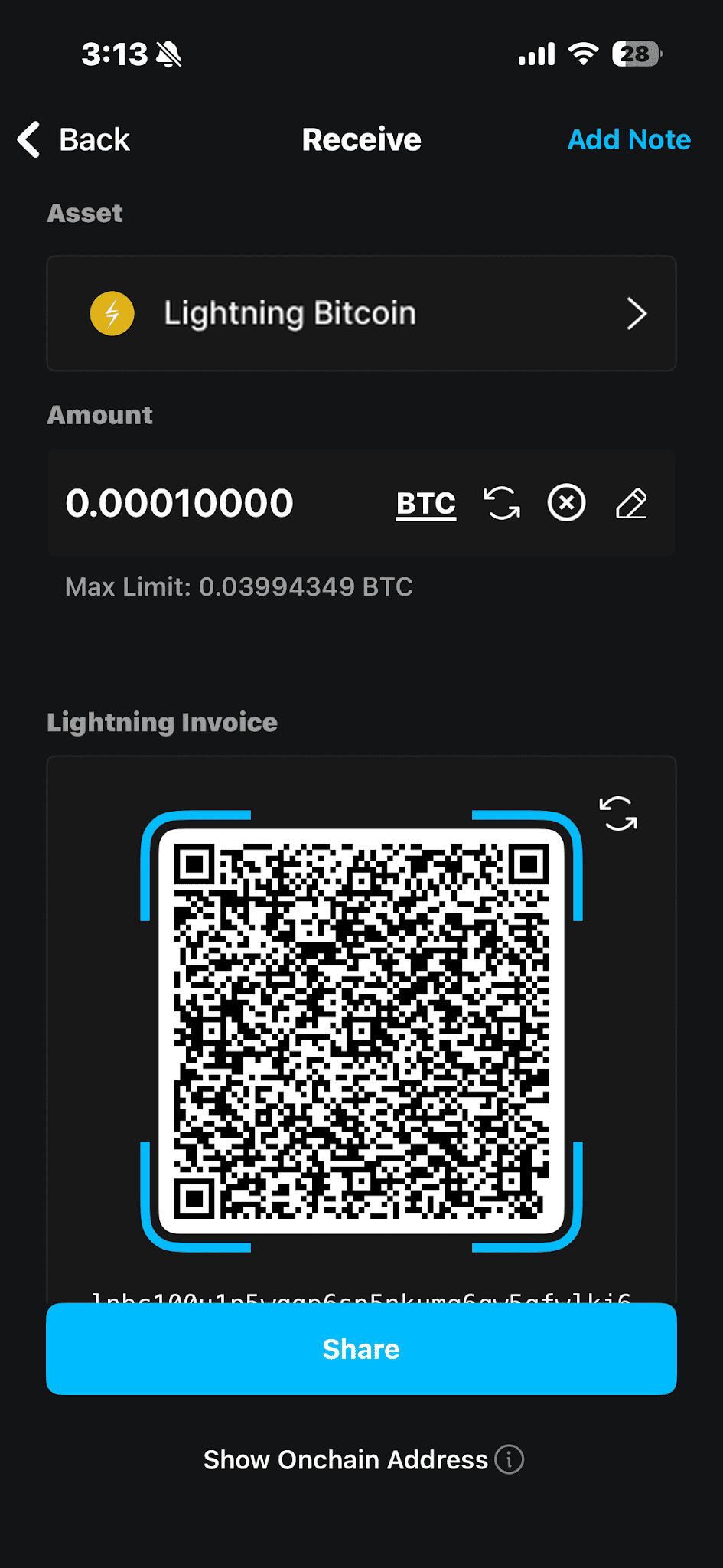 Blockstream app Receive screen with a Lightning invoice and amount