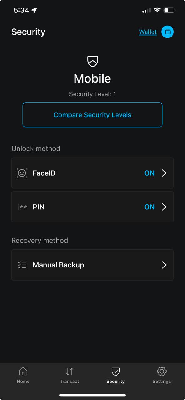 Blockstream app Security screen showing FaceID and PIN options