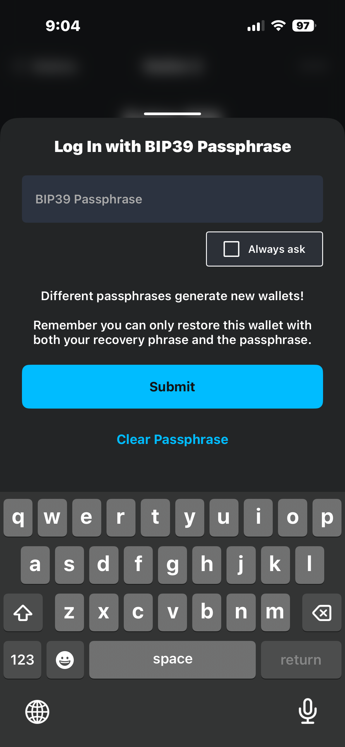 Log In with BIP39 Passphrase entry screen in the Blockstream app