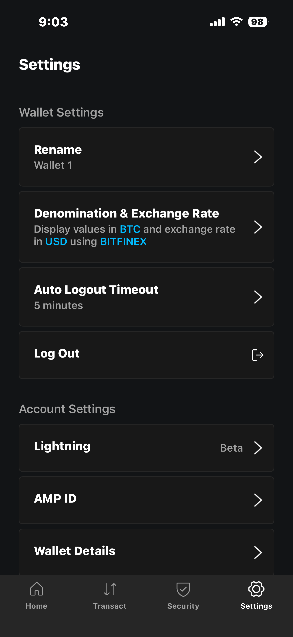 Blockstream app Settings screen with the Log Out button